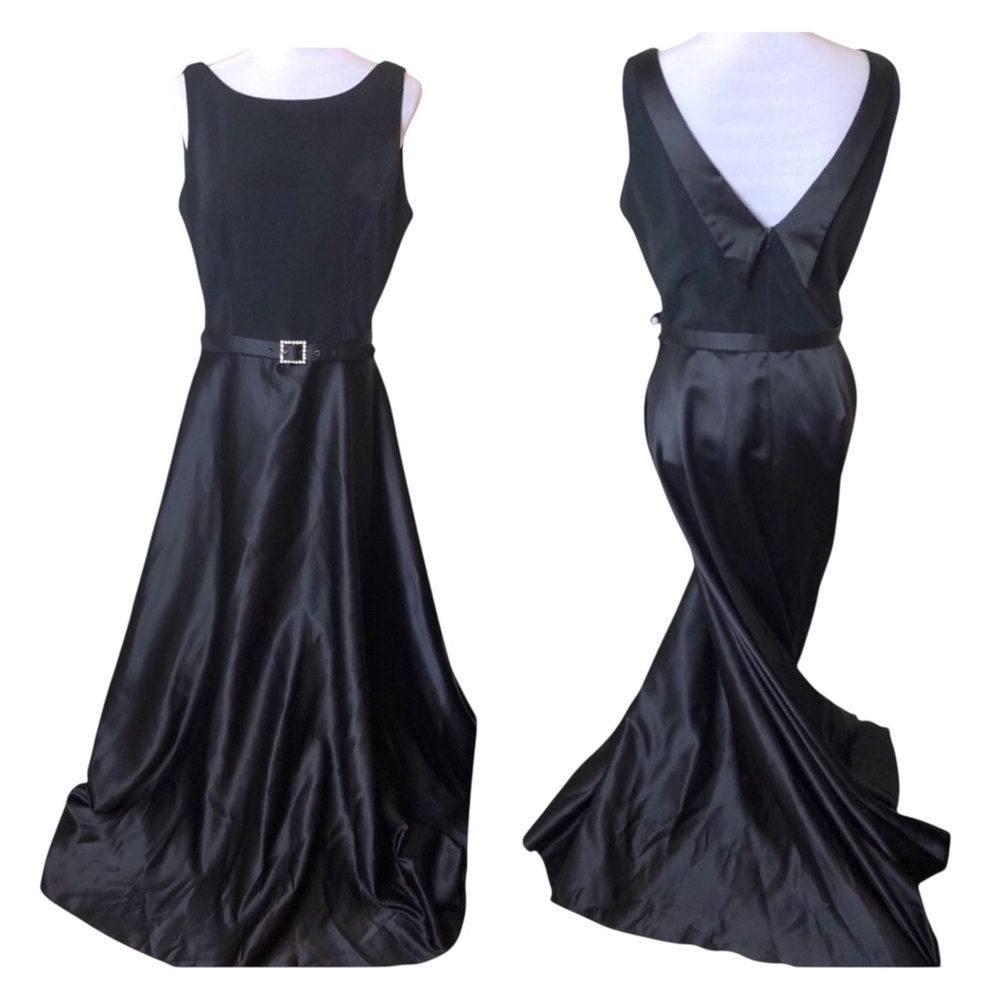 Satin Black V-Back Prom Gown with Decorative Belt